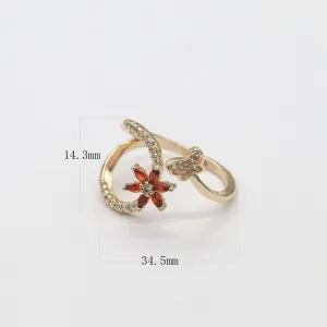 Dainty Red Flower Ring with Gold Butterfly Open Adjustable Ring O-877
