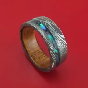 Damascus Steel Ring with Abalone and Wood Sleeve Custom Made