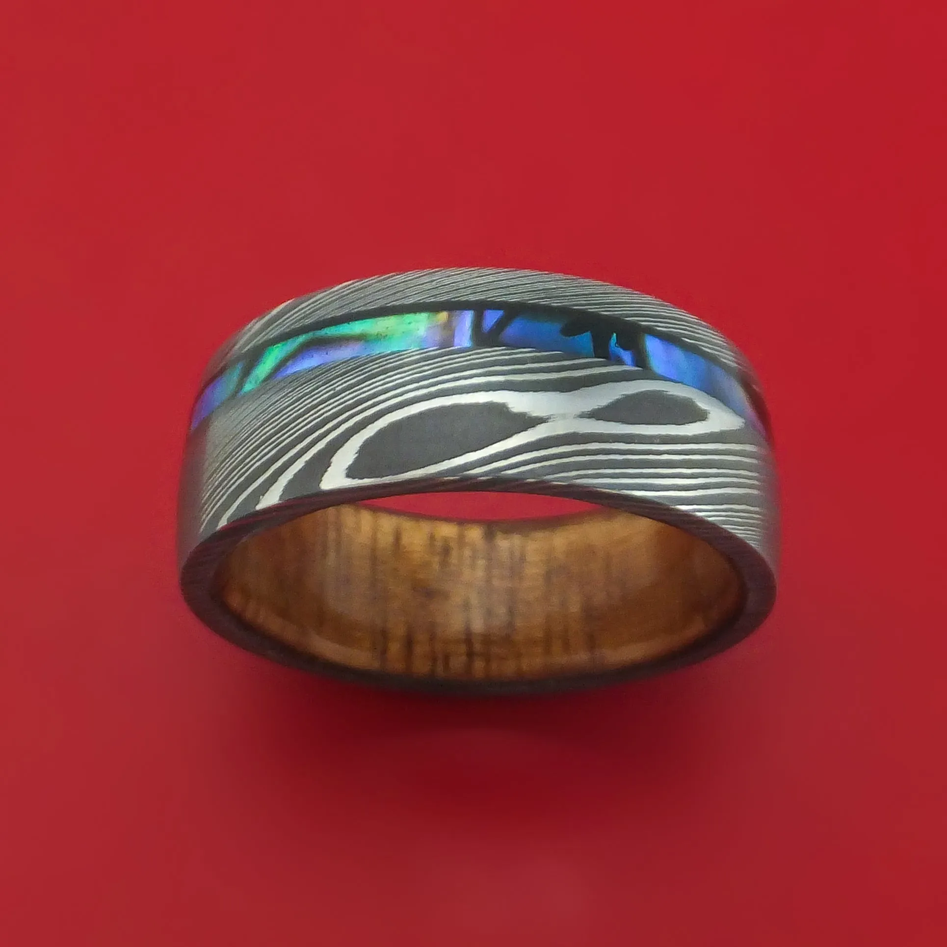 Damascus Steel Ring with Abalone and Wood Sleeve Custom Made