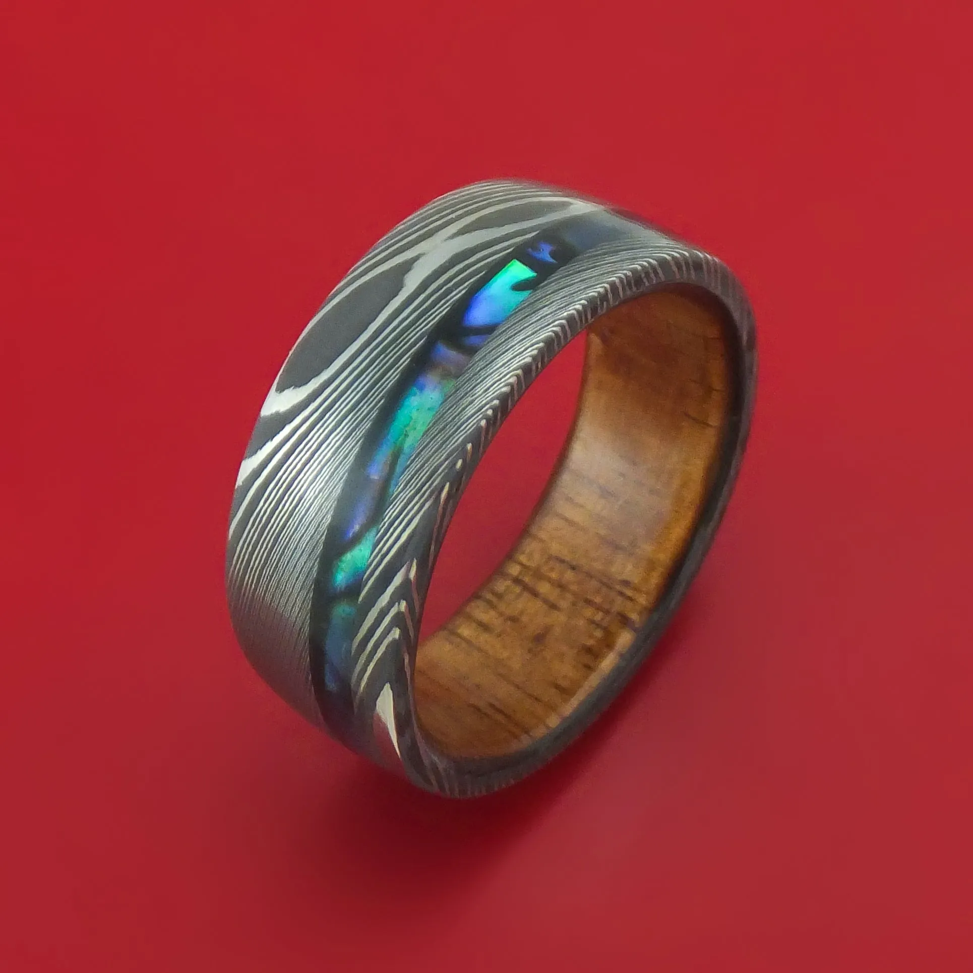 Damascus Steel Ring with Abalone and Wood Sleeve Custom Made