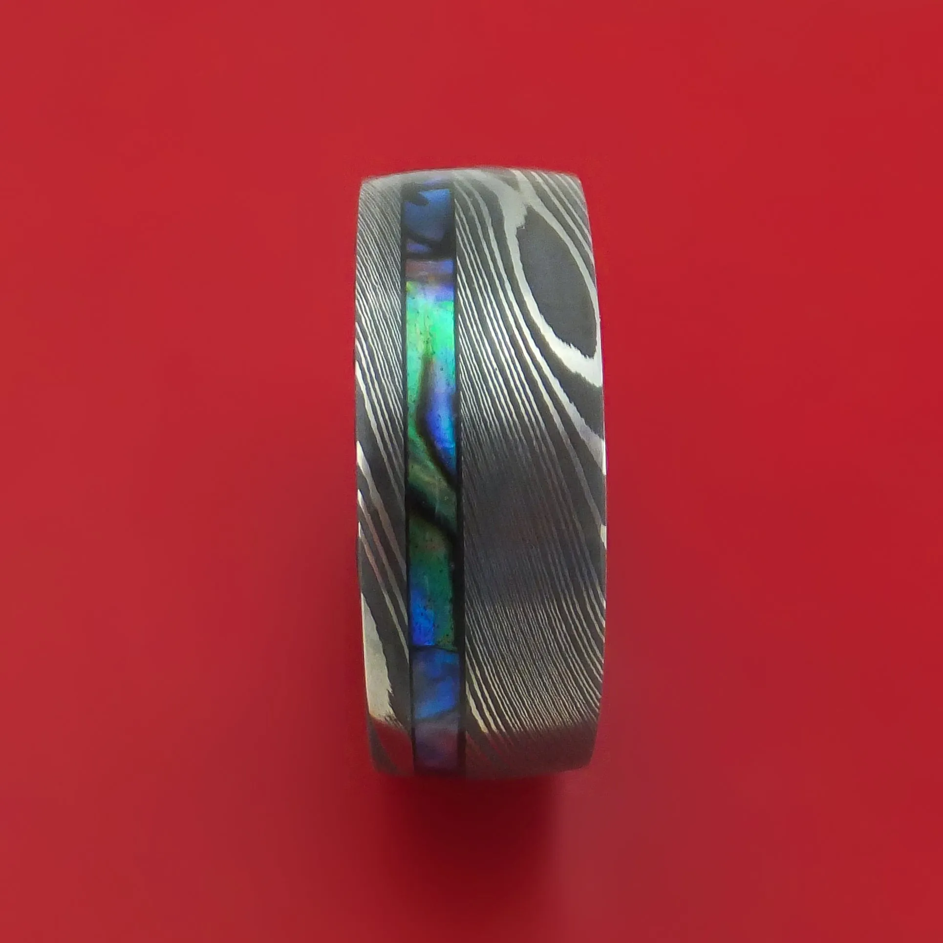 Damascus Steel Ring with Abalone and Wood Sleeve Custom Made