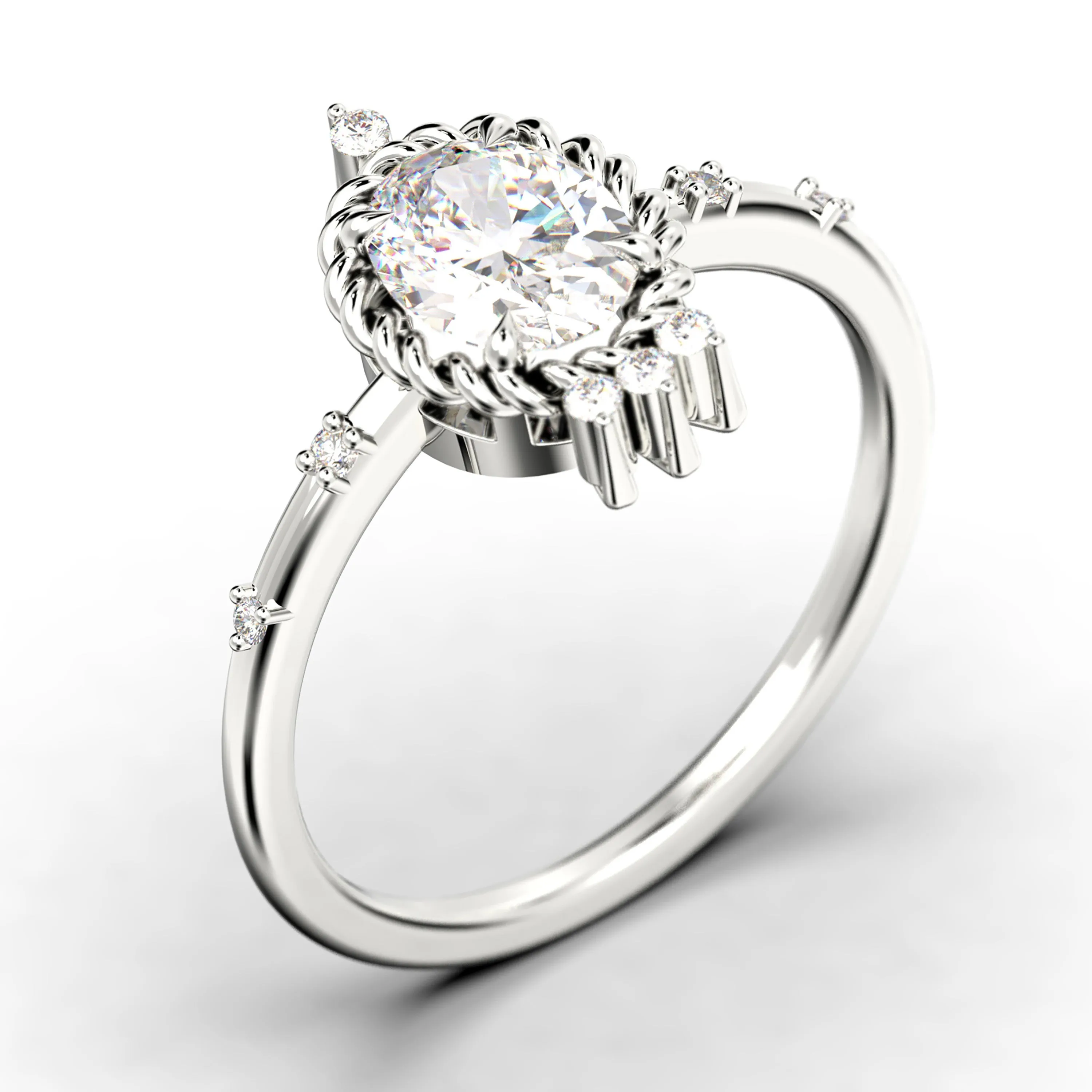 Dazzling Art Nouvea 1.50 Carat Oval Cut Diamond Moissanite Engagement Ring, Wedding Ring In 925 Sterling Silver With 18K Gold Plating, Valentines Gift For Her, Vintage Look Compass Ring