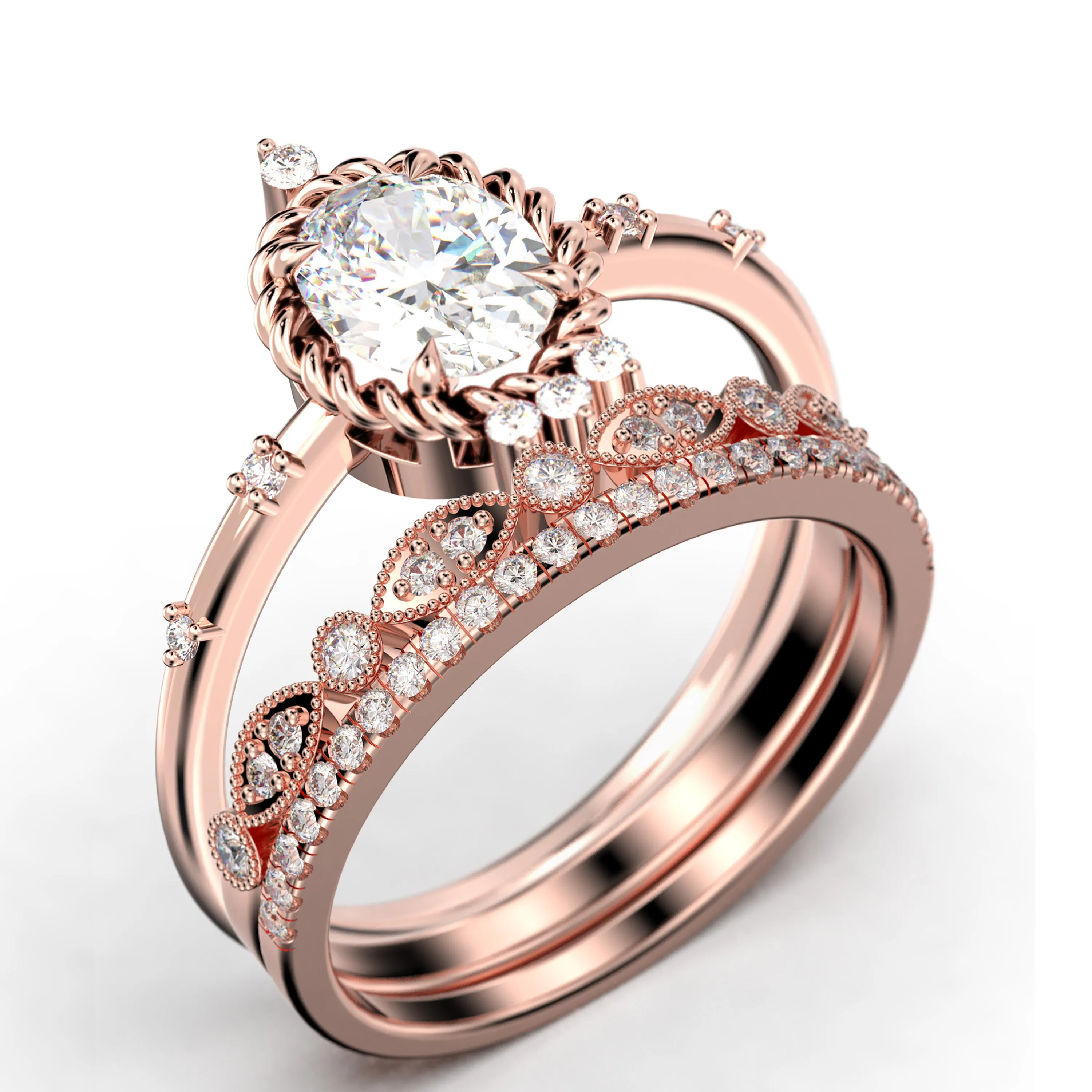 Dazzling Art nouvea 2.50 Carat Oval Cut Diamond Moissanite Engagement Ring, Wedding Ring in 10k/14k/18k Solid Gold,  Compass Ring, Promise Ring, Anniversary Ring, Trio Set, Matching Band