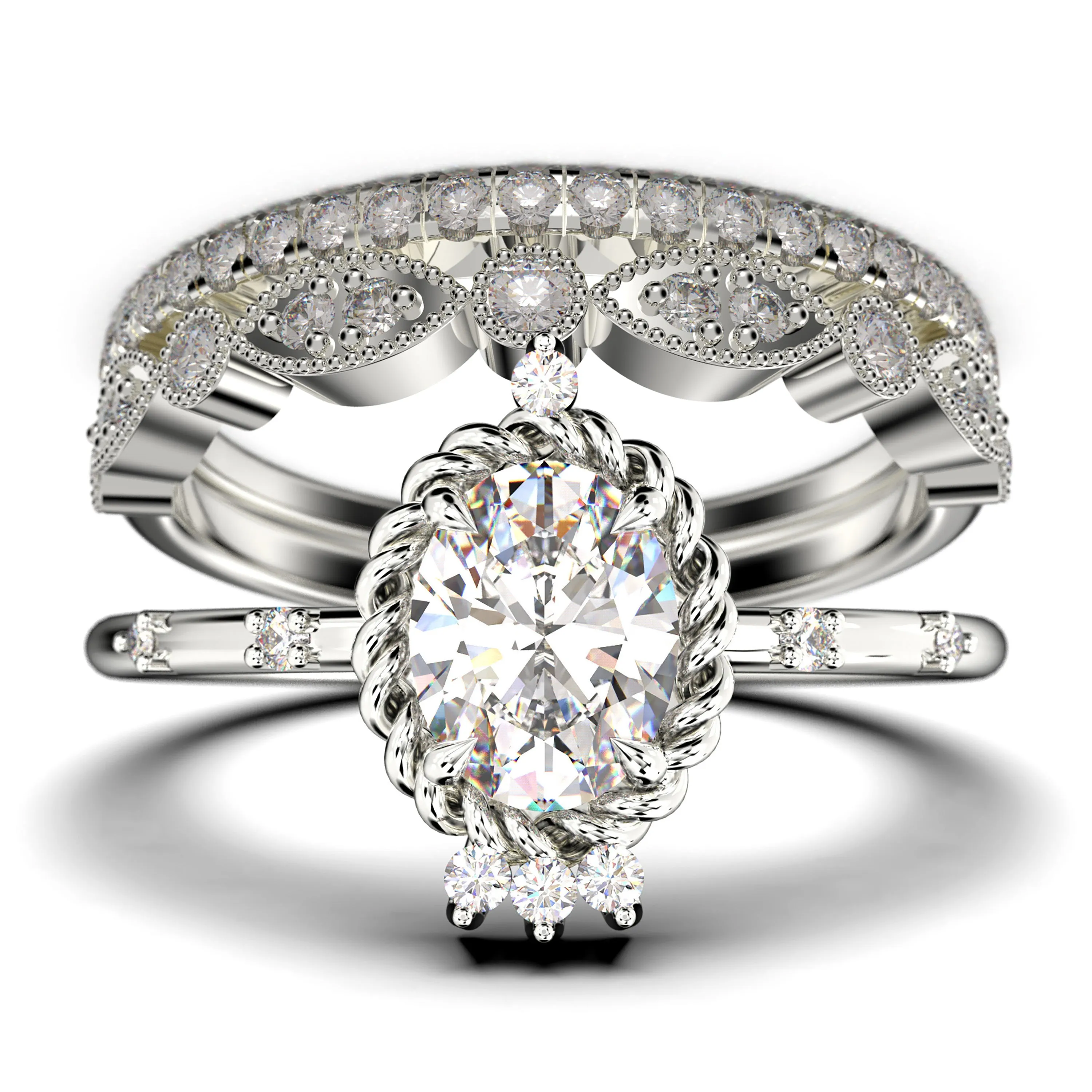 Dazzling Art nouvea 2.50 Carat Oval Cut Diamond Moissanite Engagement Ring, Wedding Ring in 10k/14k/18k Solid Gold,  Compass Ring, Promise Ring, Anniversary Ring, Trio Set, Matching Band