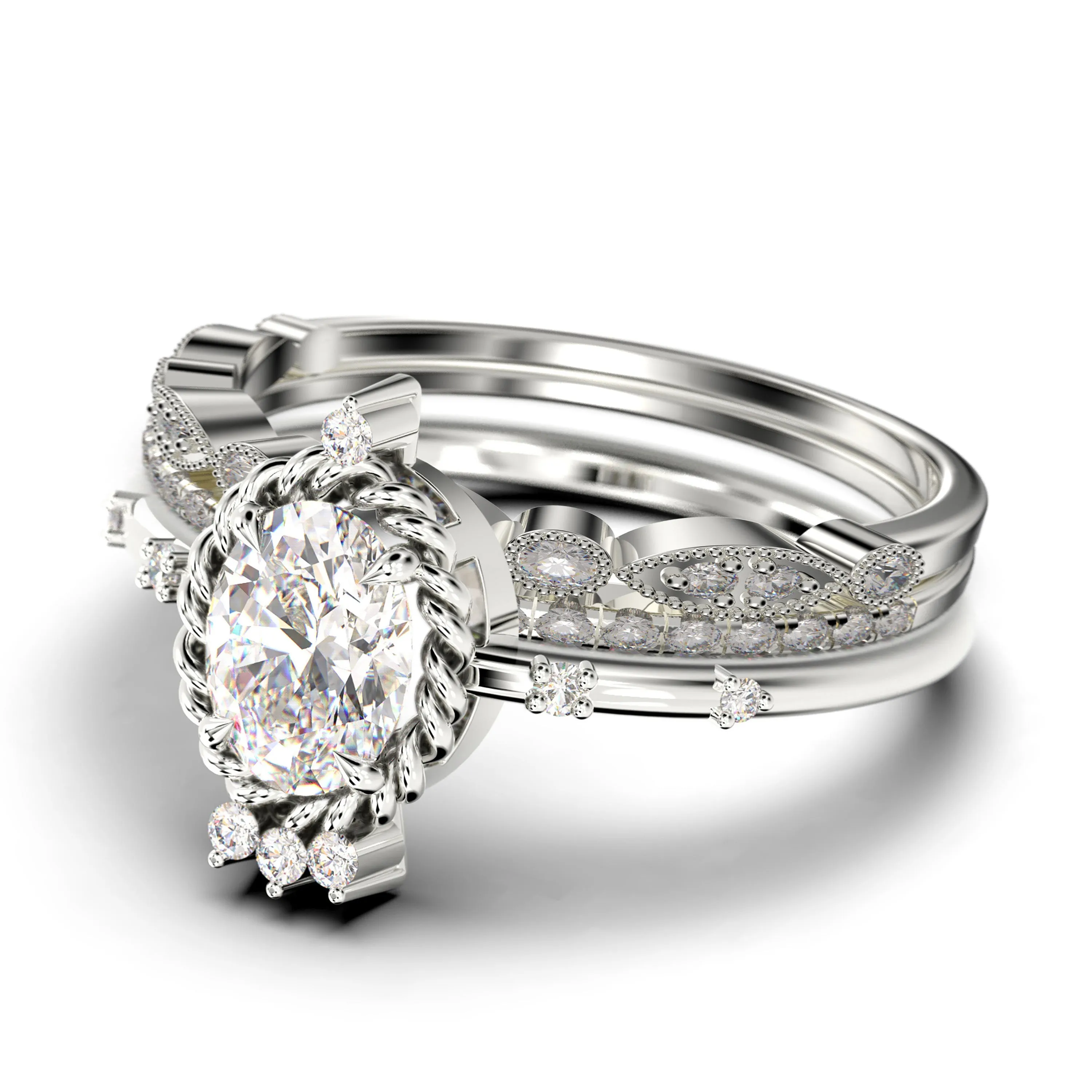 Dazzling Art nouvea 2.50 Carat Oval Cut Diamond Moissanite Engagement Ring, Wedding Ring in 10k/14k/18k Solid Gold,  Compass Ring, Promise Ring, Anniversary Ring, Trio Set, Matching Band