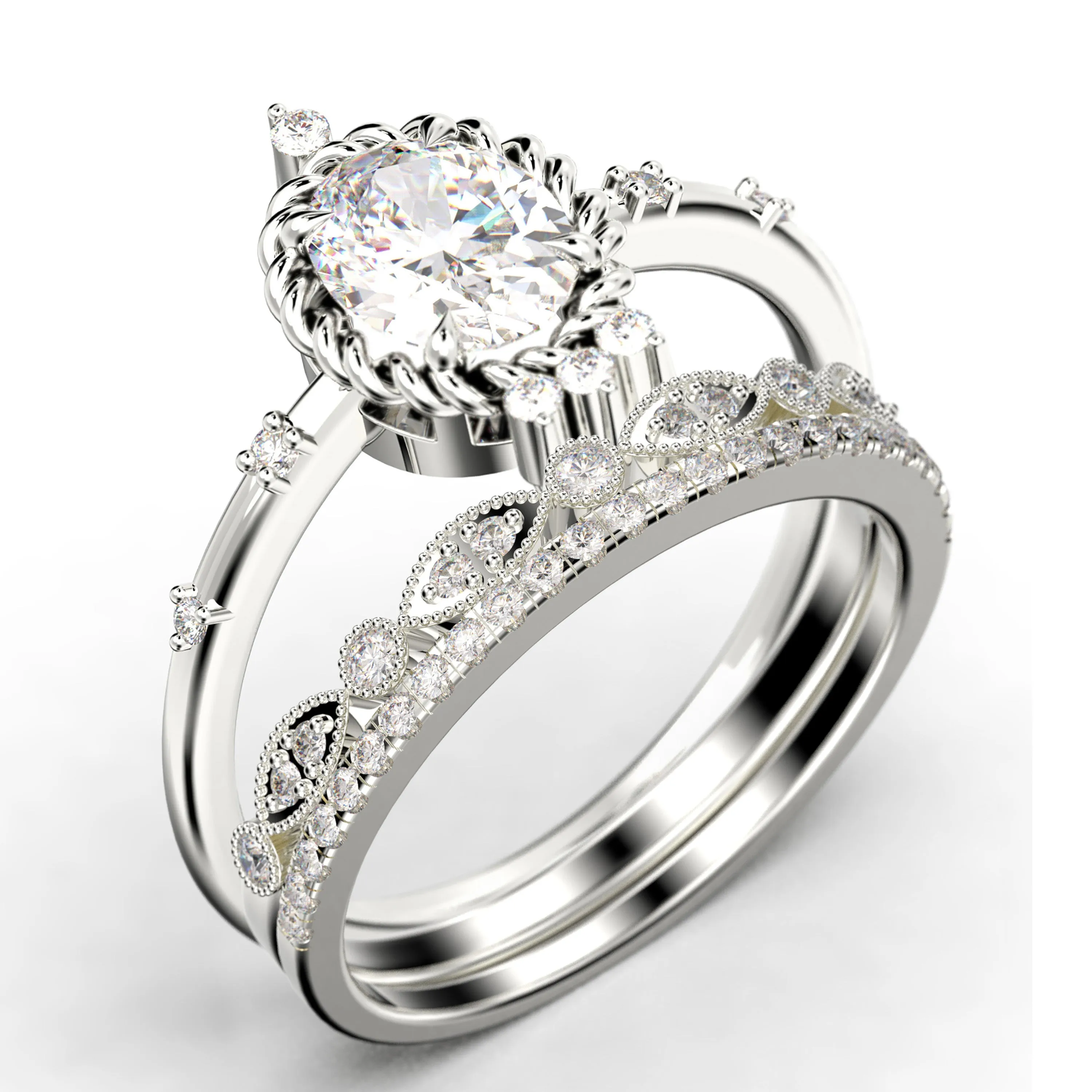 Dazzling Art nouvea 2.50 Carat Oval Cut Diamond Moissanite Engagement Ring, Wedding Ring in 10k/14k/18k Solid Gold,  Compass Ring, Promise Ring, Anniversary Ring, Trio Set, Matching Band