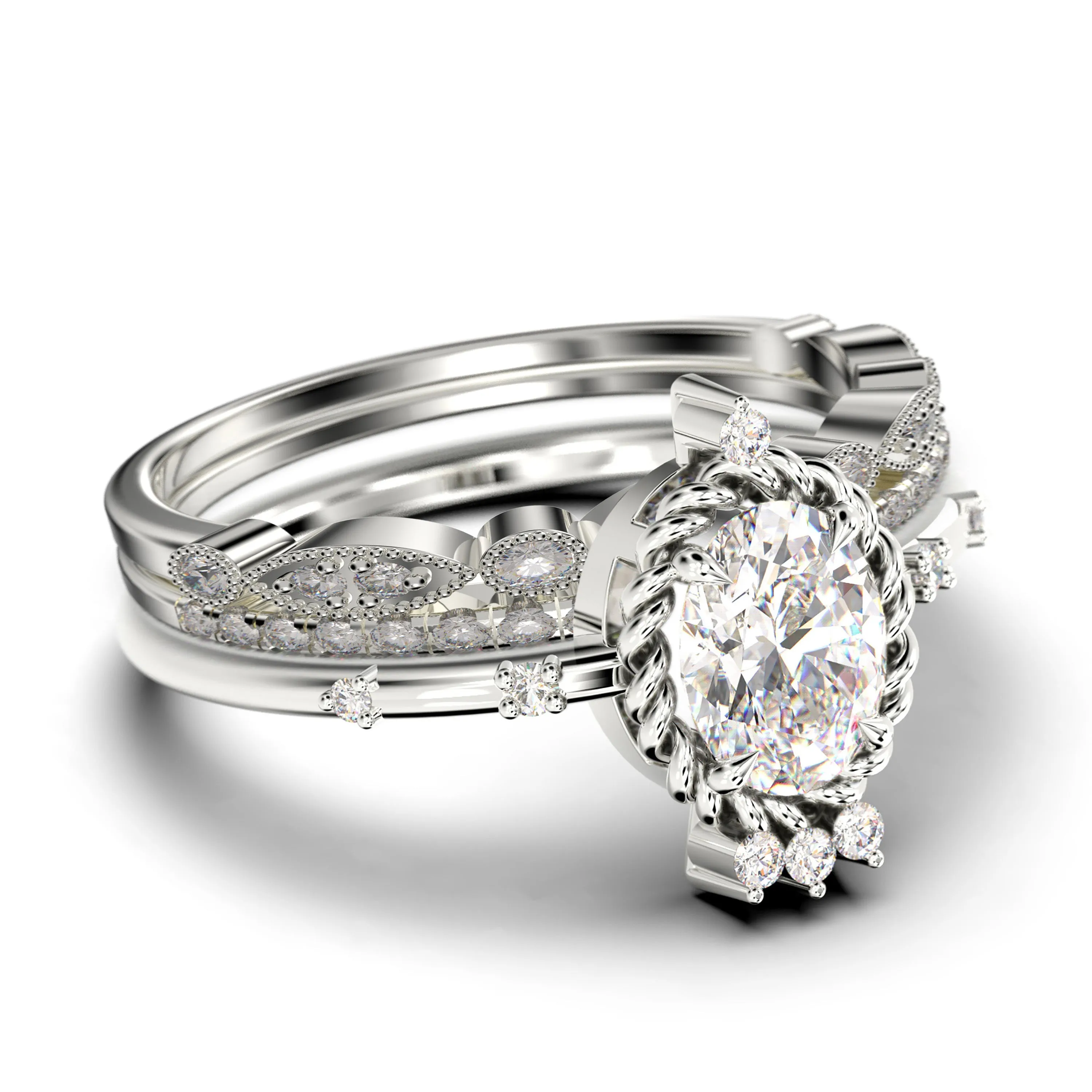 Dazzling Art nouvea 2.50 Carat Oval Cut Diamond Moissanite Engagement Ring, Wedding Ring in 10k/14k/18k Solid Gold,  Compass Ring, Promise Ring, Anniversary Ring, Trio Set, Matching Band