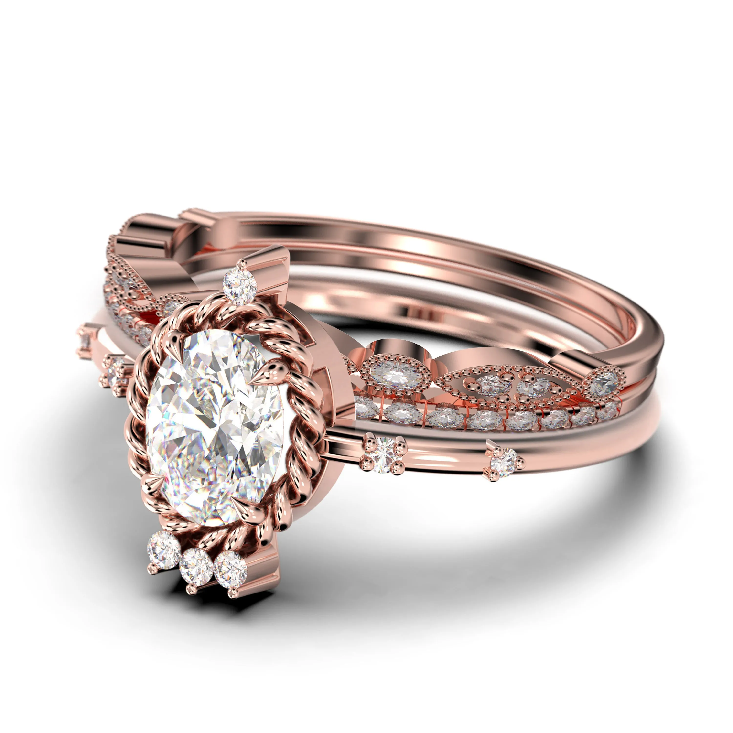 Dazzling Art nouvea 2.50 Carat Oval Cut Diamond Moissanite Engagement Ring, Wedding Ring in 10k/14k/18k Solid Gold,  Compass Ring, Promise Ring, Anniversary Ring, Trio Set, Matching Band