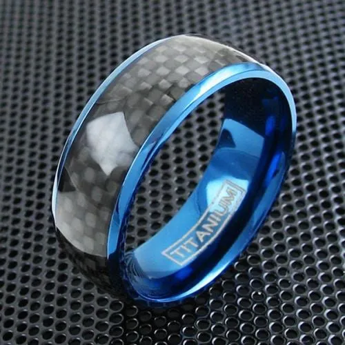 Dazzling Royal Blue Titanium Dome Ring with Black Carbon Fiber Inlay Band.