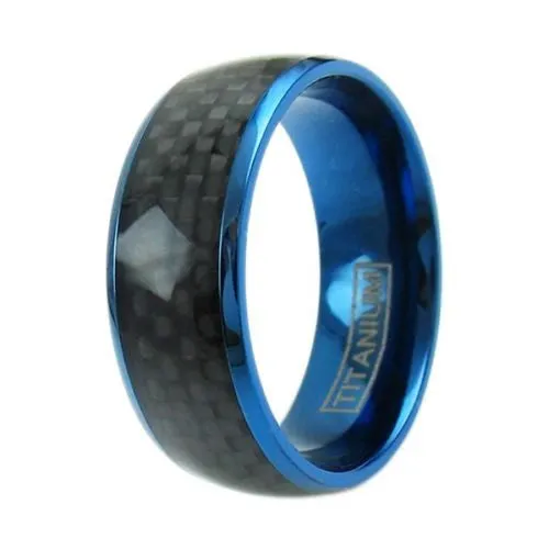 Dazzling Royal Blue Titanium Dome Ring with Black Carbon Fiber Inlay Band.