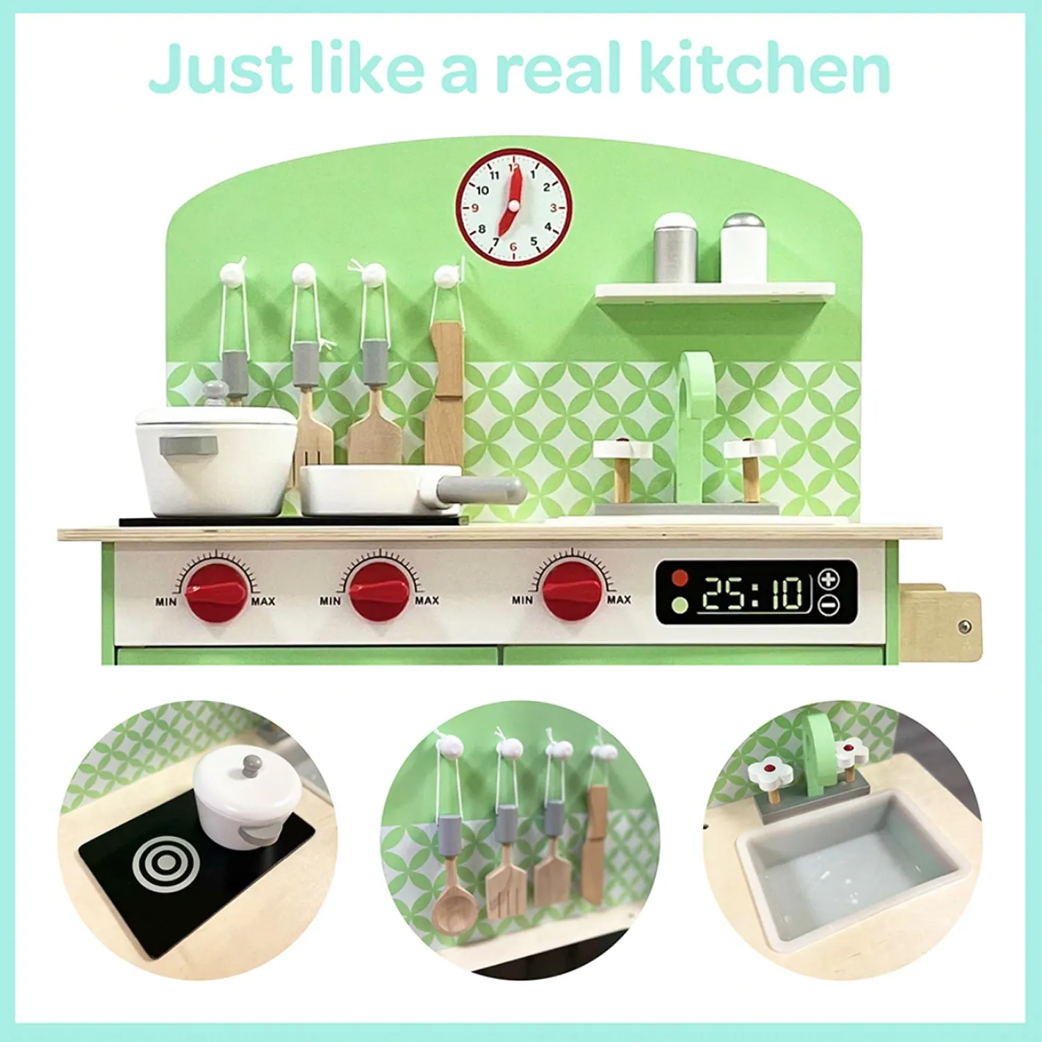 Deluxe Montessori Eco Wooden Retro Toy Kitchen | Large number of Features & Accessories | Green
