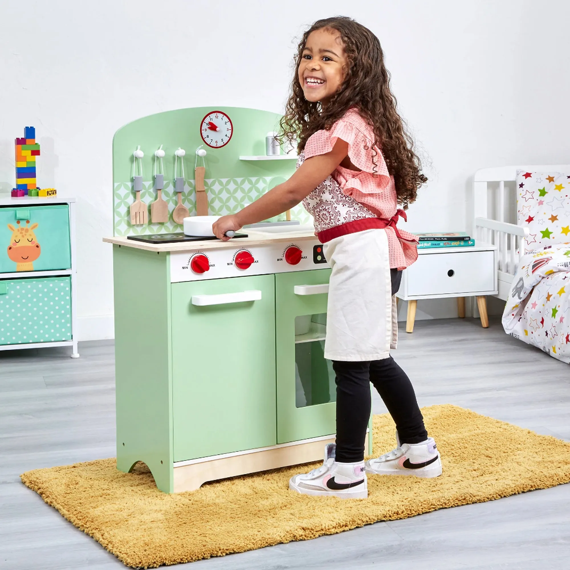 Deluxe Montessori Eco Wooden Retro Toy Kitchen | Large number of Features & Accessories | Green