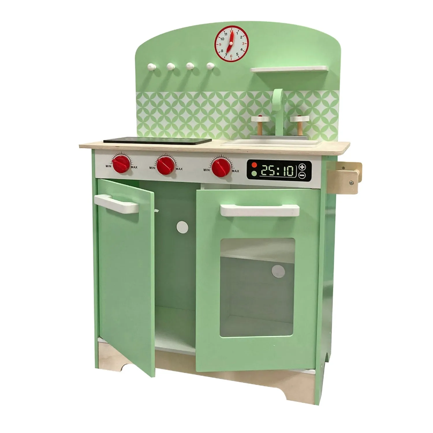 Deluxe Montessori Eco Wooden Retro Toy Kitchen | Large number of Features & Accessories | Green
