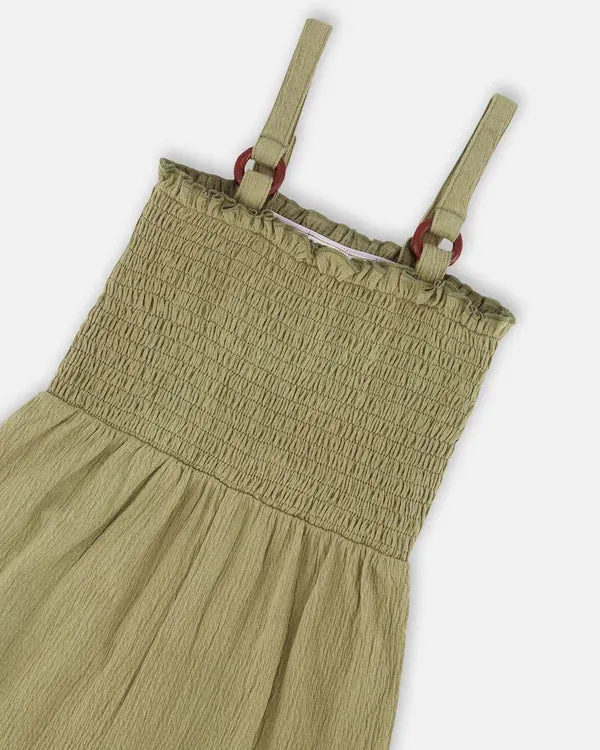 deux par deux Girls Smocked Crinkle Jersey Jumpsuit - Olive Green