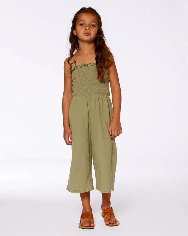 deux par deux Girls Smocked Crinkle Jersey Jumpsuit - Olive Green
