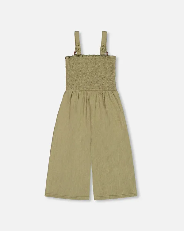 deux par deux Girls Smocked Crinkle Jersey Jumpsuit - Olive Green