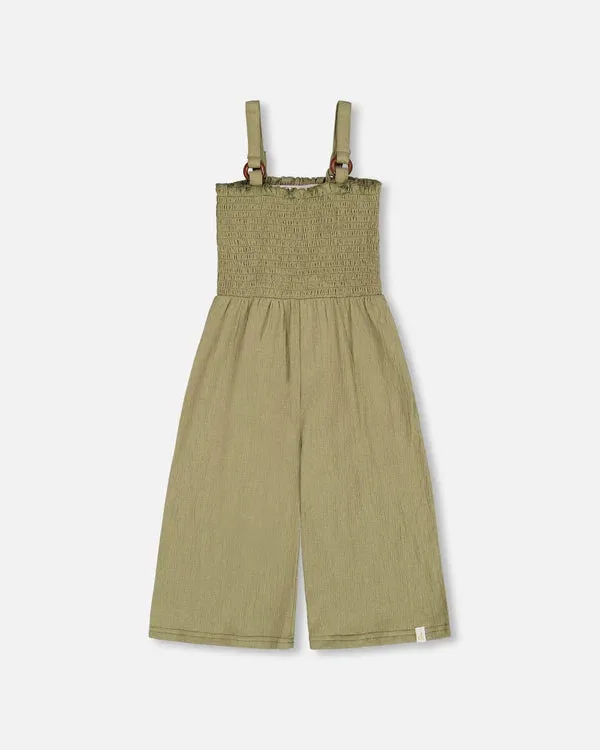 deux par deux Girls Smocked Crinkle Jersey Jumpsuit - Olive Green