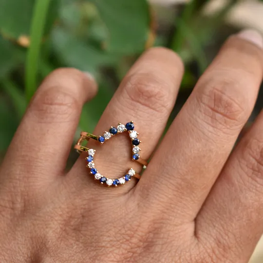 Diamond and Blue Sapphire Ring Enhance for Pear Engagement Ring