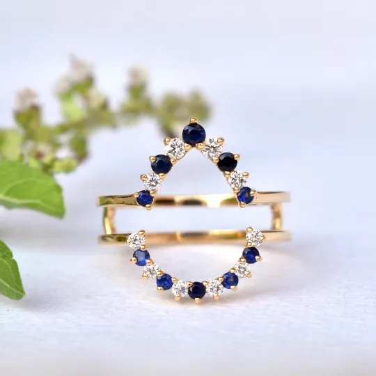 Diamond and Blue Sapphire Ring Enhance for Pear Engagement Ring
