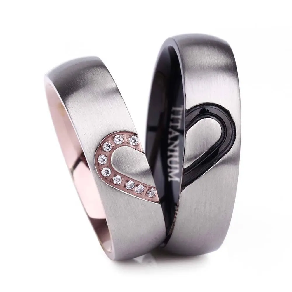 Dome Heart Shape Inlay Titanium Couple Wedding Band