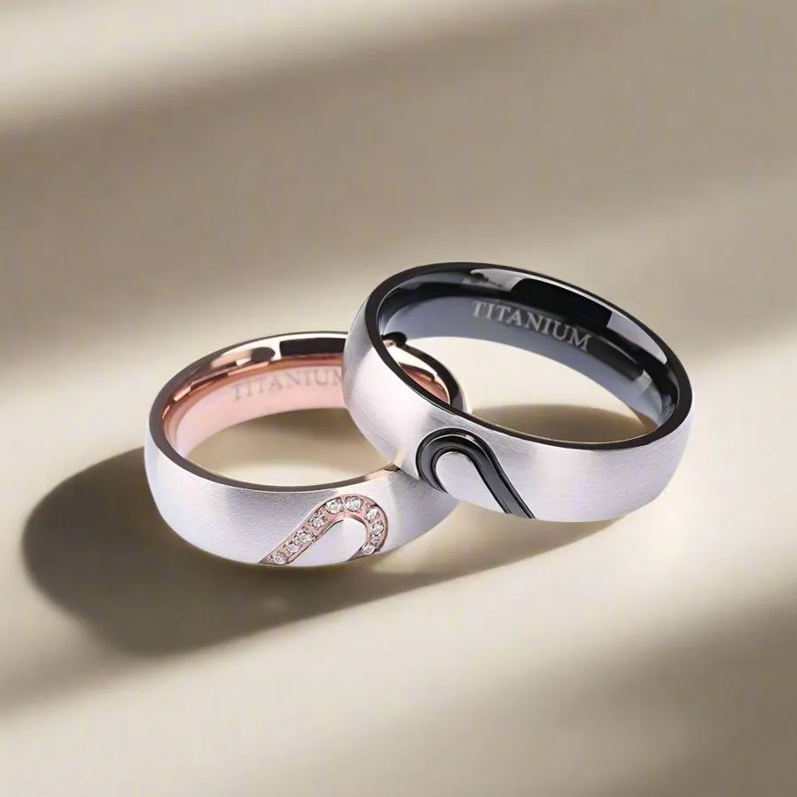 Dome Heart Shape Inlay Titanium Couple Wedding Band