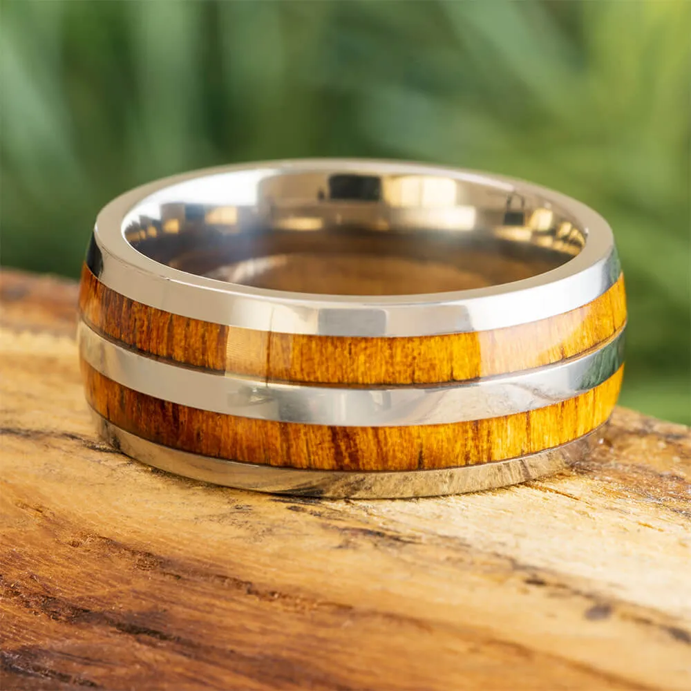 Double Inlay Titanium Koa Wood Ring, 7.5mm Round Profile, Polished Finish-SI8006