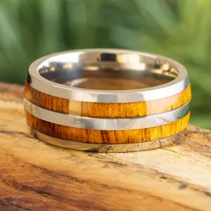 Double Inlay Titanium Koa Wood Ring, 7.5mm Round Profile, Polished Finish-SI8006