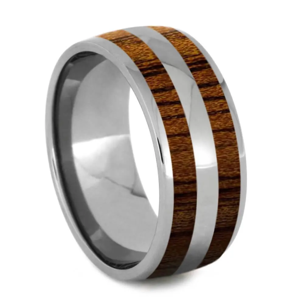 Double Inlay Titanium Koa Wood Ring, 7.5mm Round Profile, Polished Finish-SI8006