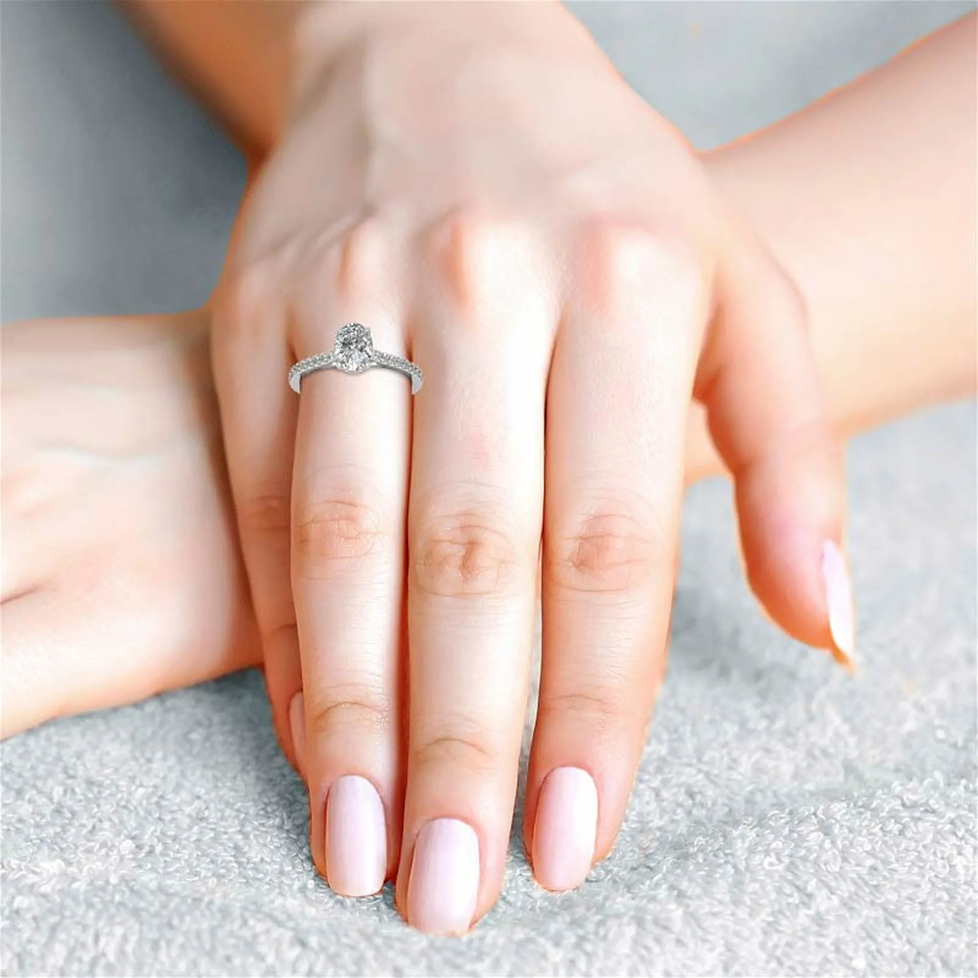 Elegant Classic  Sterling Silver Adjustable Oval Cut Zircon Pave Set White Gold Engagement Ring For Women
