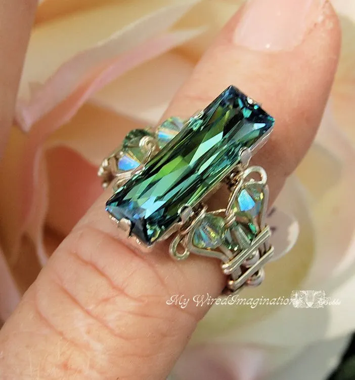 Erinite Green, Swarovski Crystal Handmade Ring, Sterling Silver, US Size 7.5