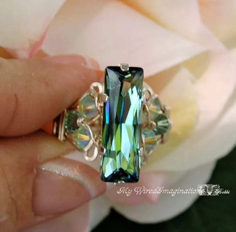 Erinite Green, Swarovski Crystal Handmade Ring, Sterling Silver, US Size 7.5