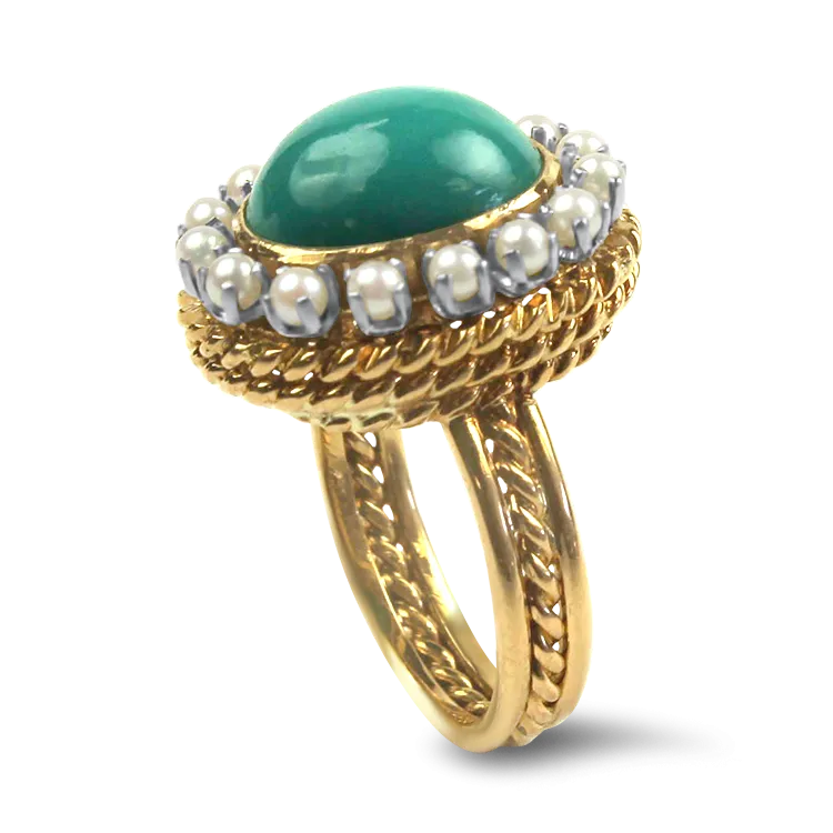 Estate 14k Yellow Gold Turquoise Pearl Ring