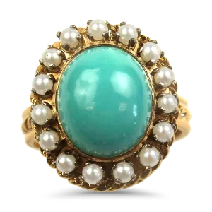 Estate 14k Yellow Gold Turquoise Pearl Ring