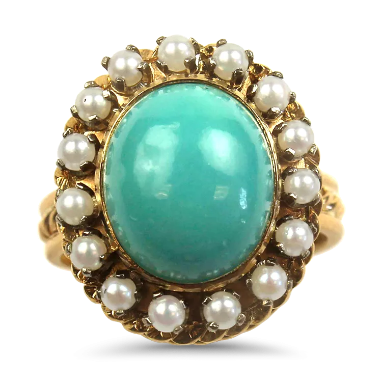 Estate 14k Yellow Gold Turquoise Pearl Ring