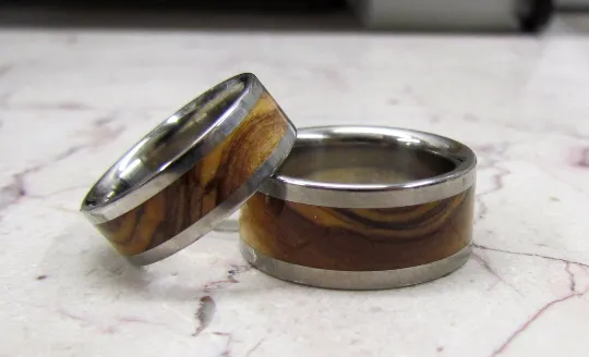 Exotic Wood Bands Pure Tungsten and Titanium Exotic Bethlehem Olive Wood His and Hers HandCrafted WEDDING Bands Any Size 4-17 & 1/4 sizes