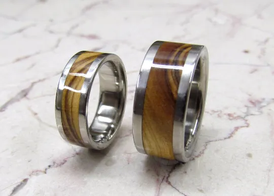 Exotic Wood Bands Pure Tungsten and Titanium Exotic Bethlehem Olive Wood His and Hers HandCrafted WEDDING Bands Any Size 4-17 & 1/4 sizes
