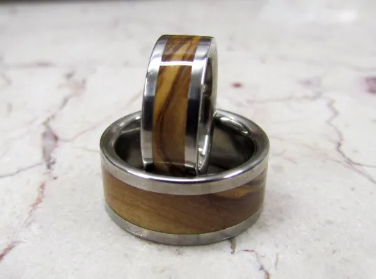 Exotic Wood Bands Pure Tungsten and Titanium Exotic Bethlehem Olive Wood His and Hers HandCrafted WEDDING Bands Any Size 4-17 & 1/4 sizes