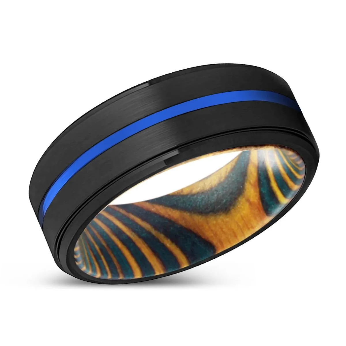 FLAMING | Green & Yellow Wood, Black Tungsten Ring, Blue Groove, Stepped Edge