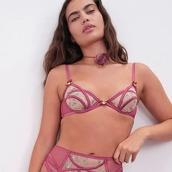 FOR LOVE AND LEMONS CAMILE UNDERWIRE BRA MAUVE PINK FLOWER DETAIL SEXY SMALL NWT