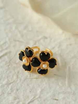 Four-leaf Clover Black Agate Double Flower Rings