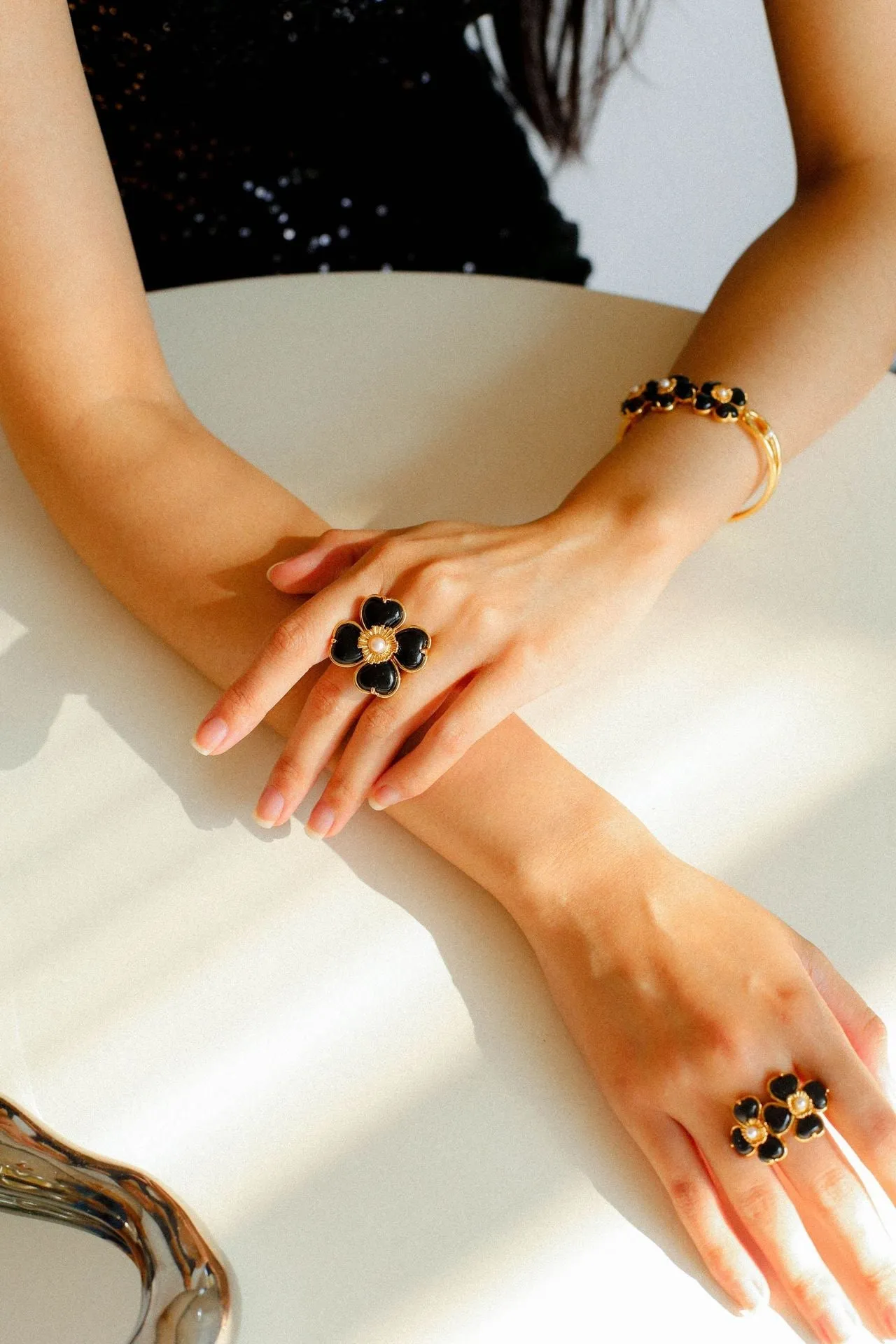 Four-leaf Clover Single Flower Rings -Black Agate Single Flower