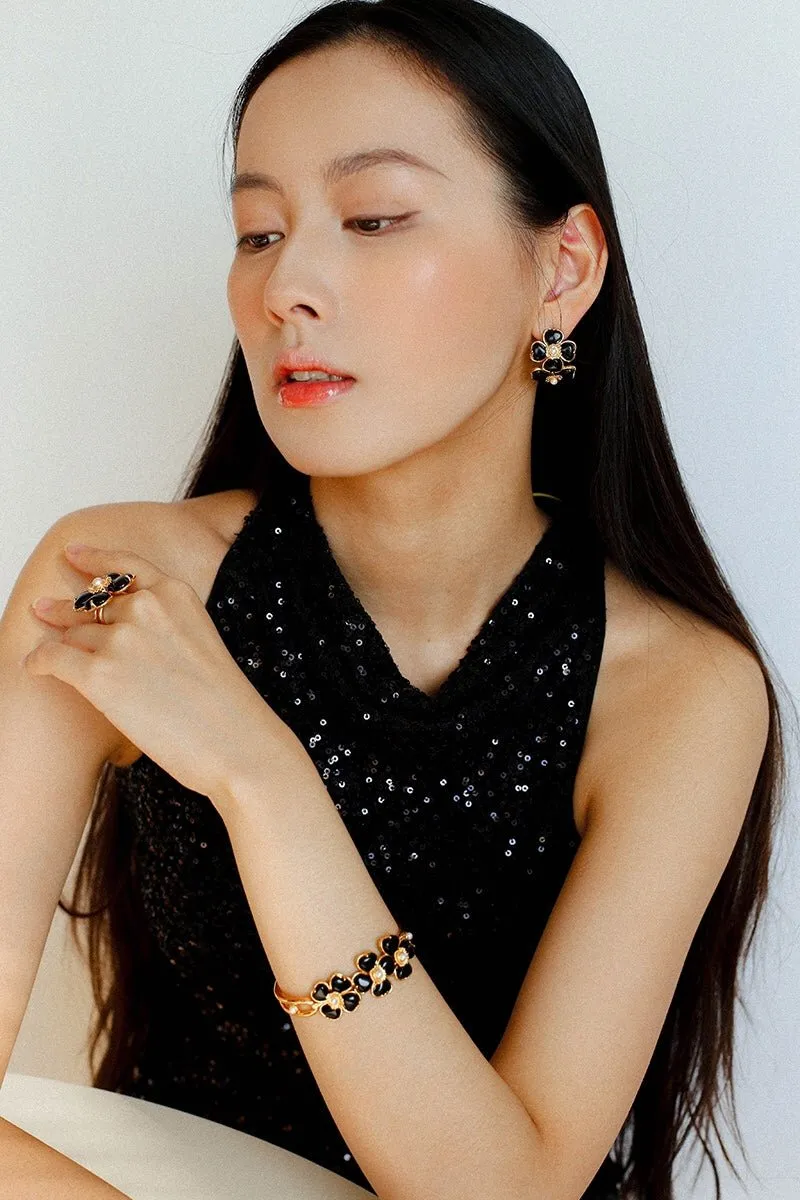 Four-leaf Clover Single Flower Rings -Black Agate Single Flower