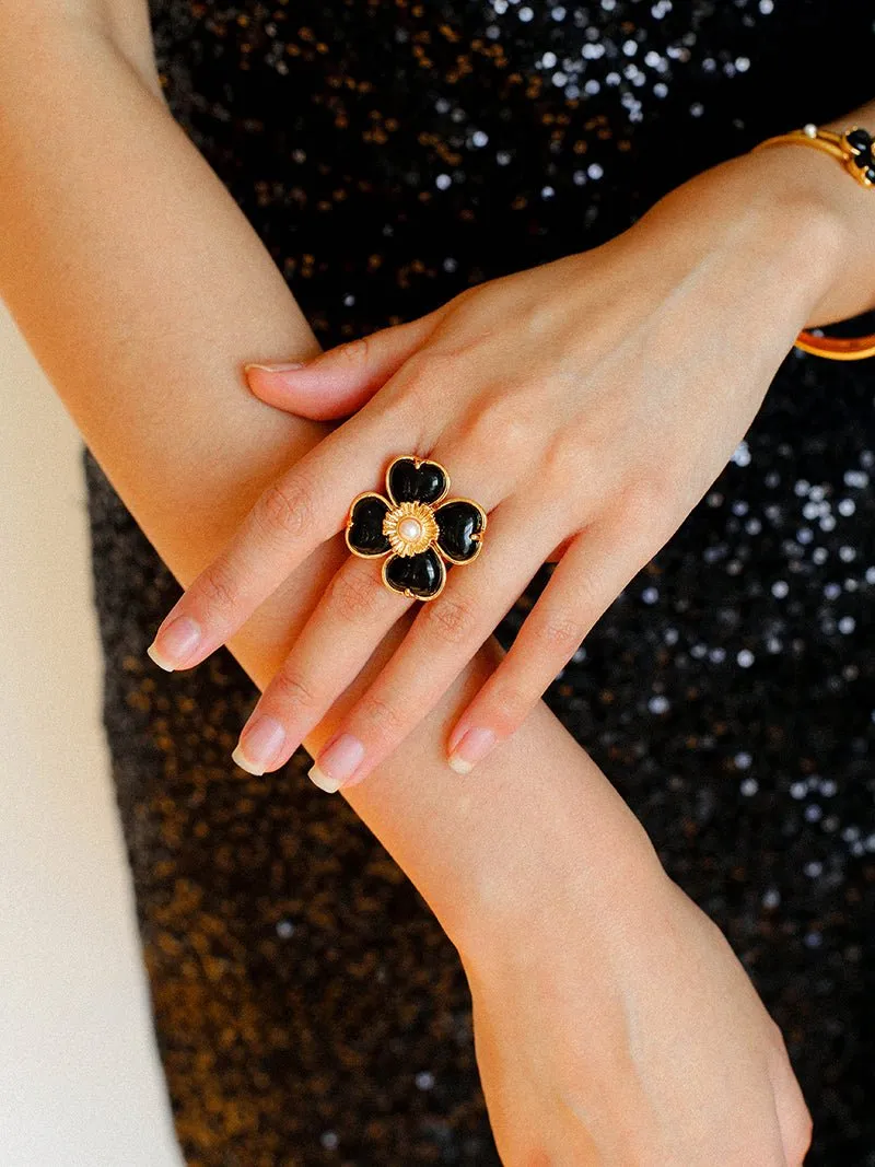 Four-leaf Clover Single Flower Rings -Black Agate Single Flower