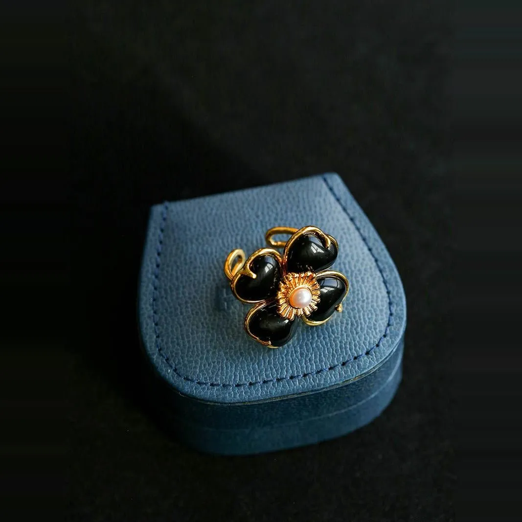 Four-leaf Clover Single Flower Rings -Black Agate Single Flower
