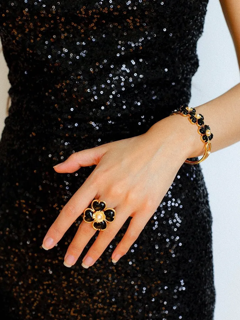 Four-leaf Clover Single Flower Rings -Black Agate Single Flower