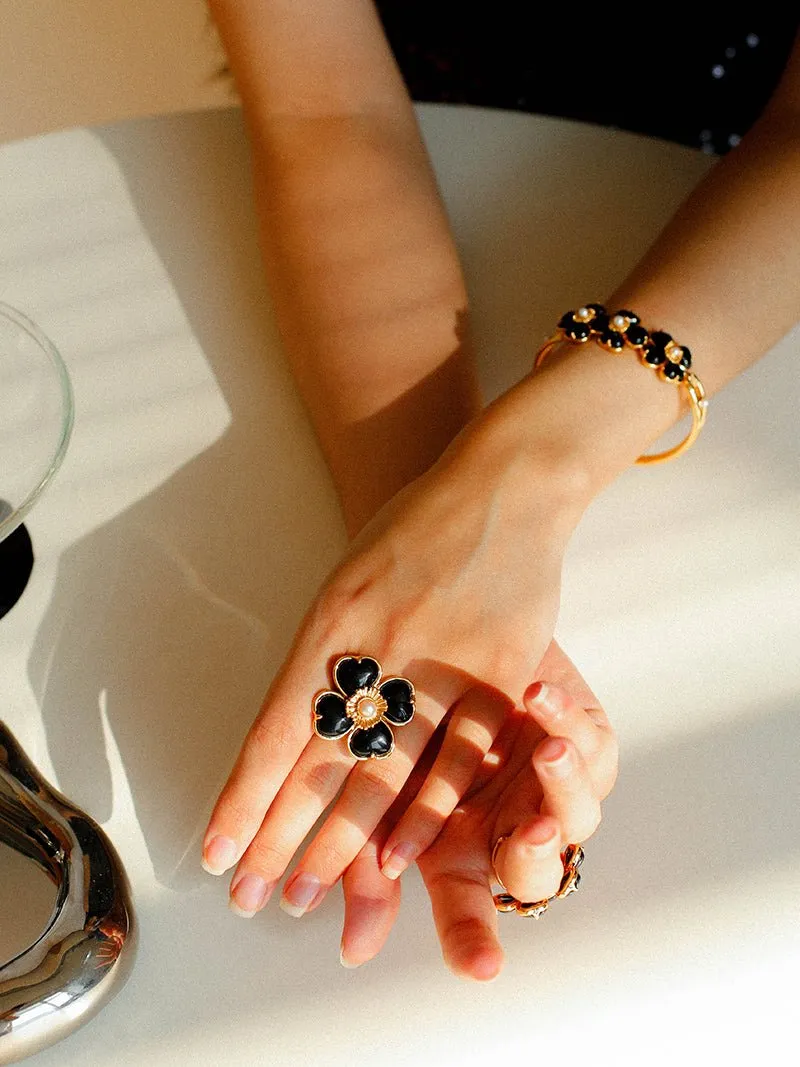 Four-leaf Clover Single Flower Rings -Black Agate Single Flower