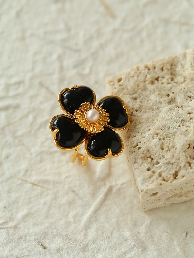Four-leaf Clover Single Flower Rings -Black Agate Single Flower