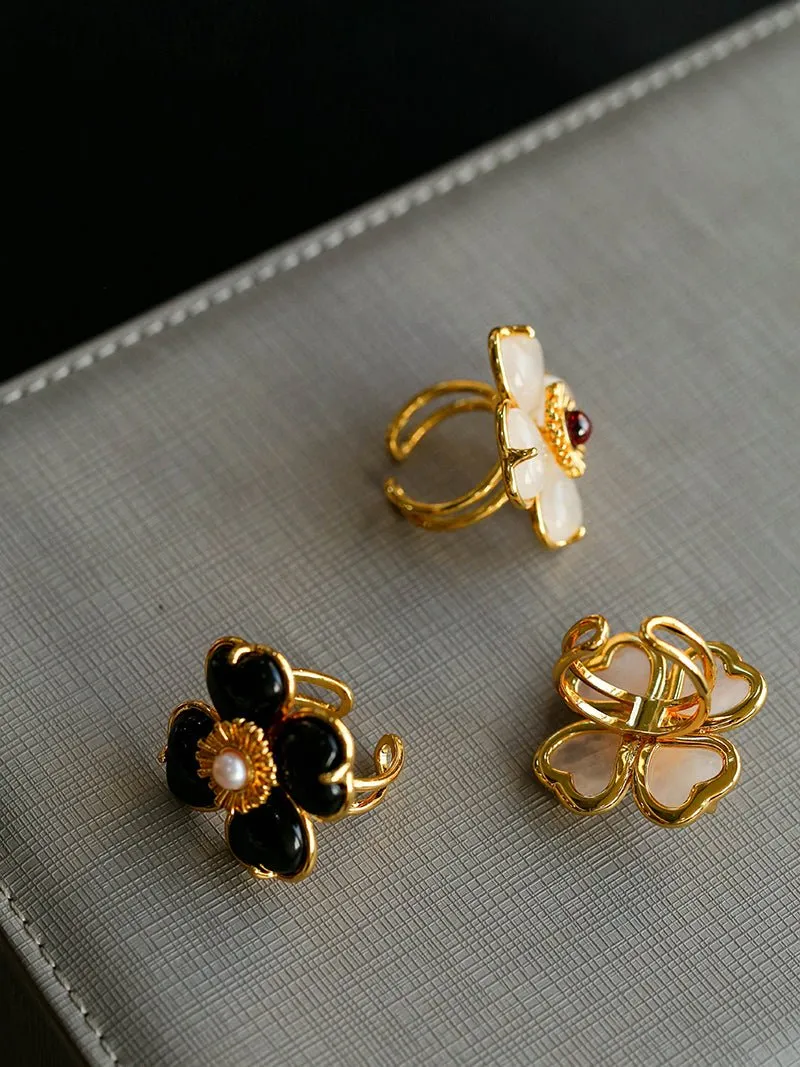 Four-leaf Clover Single Flower Rings-White Crystal Single Flower