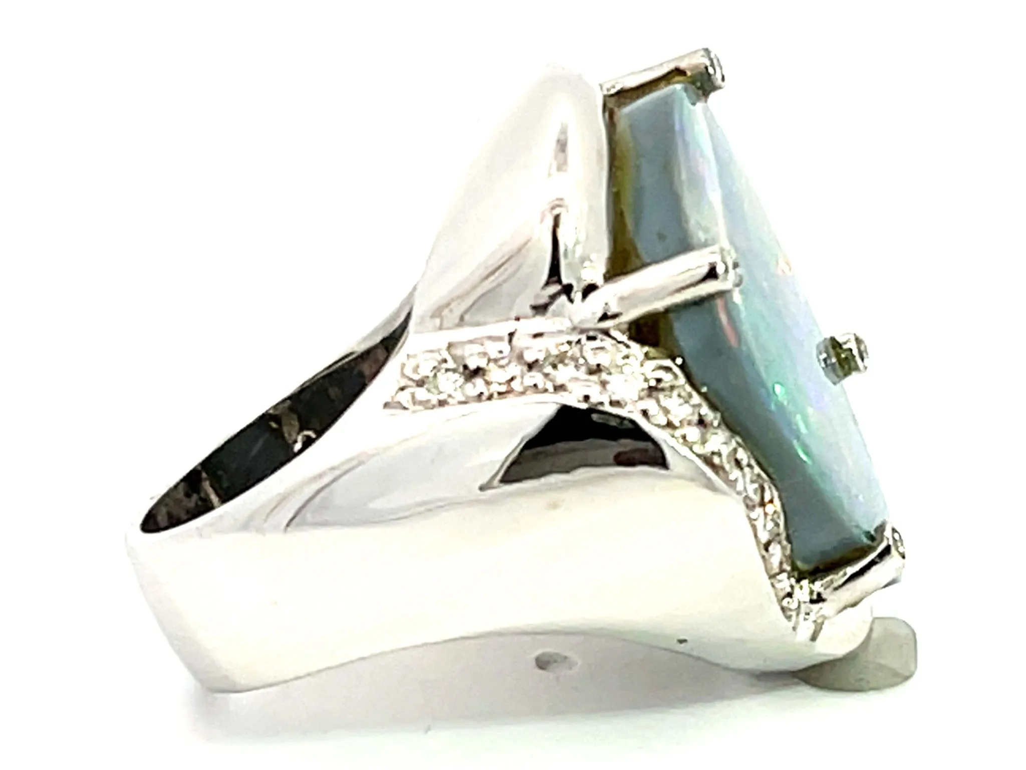 Freeform Black Opal Triangle and Diamond Ring in 18k White Gold