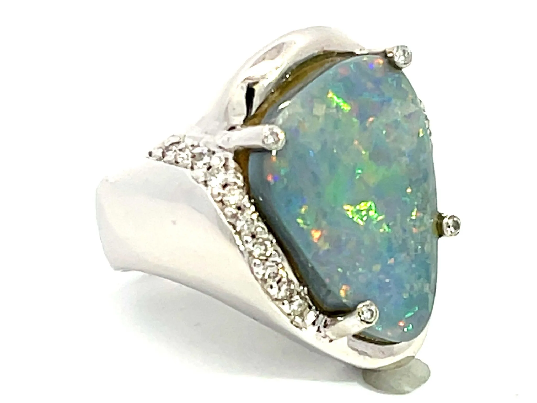 Freeform Black Opal Triangle and Diamond Ring in 18k White Gold